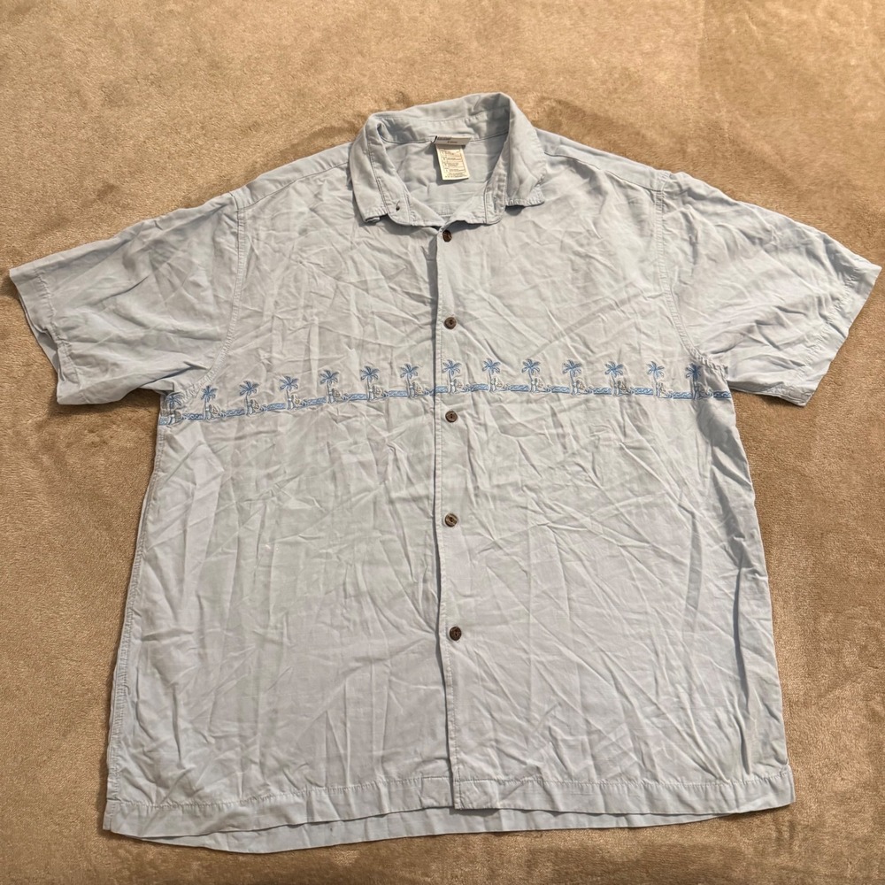 Disneyland Resort Mickey Mouse Palm Tree Embroidered Rayon Camp Shirt Blue L